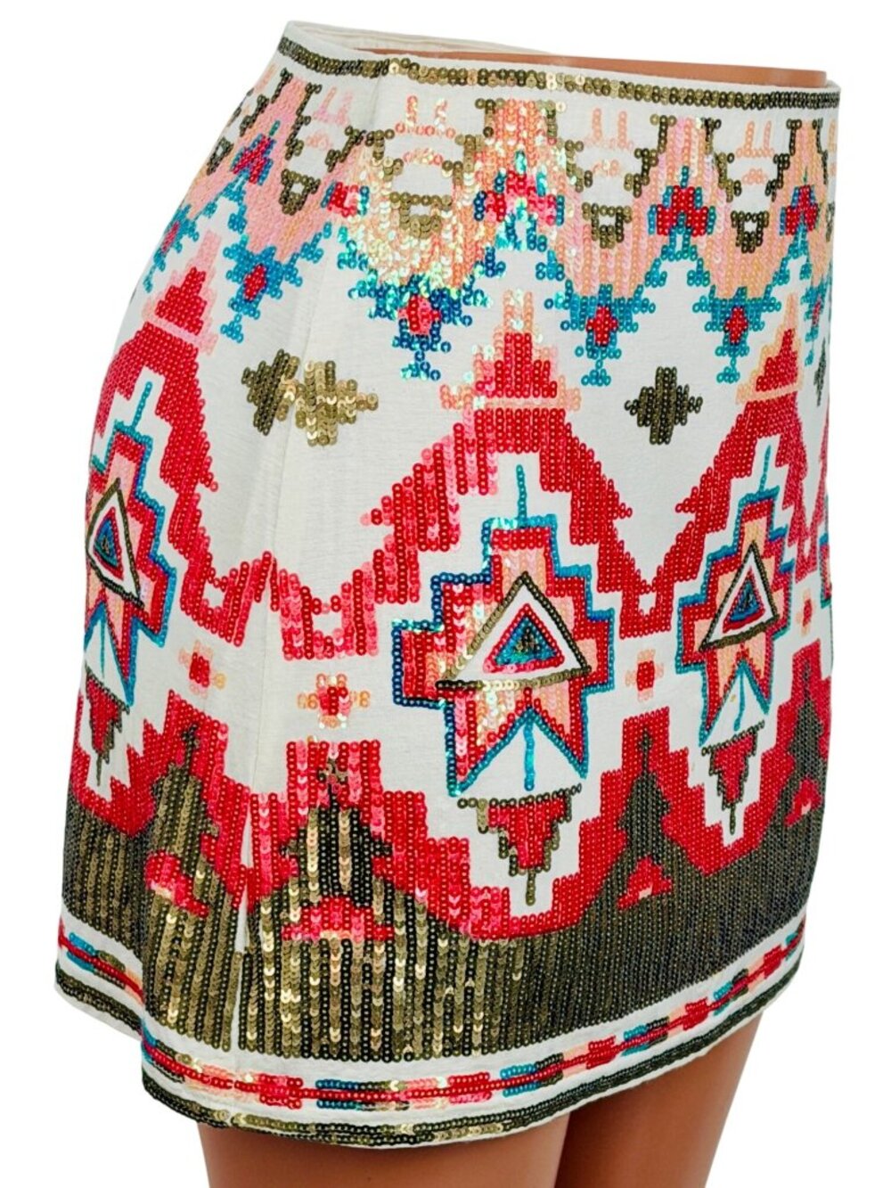 Miami Francescas Sequin Mini Skirt M| Indie Sleaze Bodycon Glam Boho Y2K10 Aztec - Picture 9 of 16